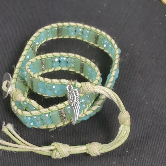 Jewelry - Handmade Green Beaded Wrap Bracelet with Wing Charm